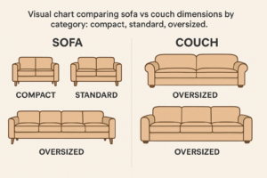 Size comparison chart showing sofa and couch dimensions for compact, standard, and oversized models.