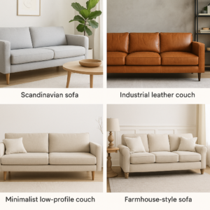 Visual examples of sofa and couch styling including Scandinavian, industrial, minimalist, and farmhouse designs.