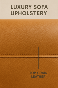 close-up of top-grain leather used in luxury sofa upholstery