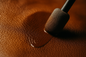 Close-up macro shot of leather surface being painted with a small brush/foam applicator.