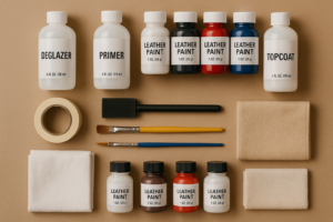 flat lay of essential tools and materials for a leather sofa paint project