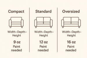 “infographic showing paint coverage needed for different sofa sizes with leather sofa paint