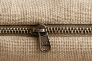 YKK zipper detail on a zippered sofa cushion cover showing durable heavy duty construction