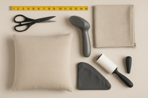 flat lay of tools needed to install zippered sofa cushion covers including tape measure scissors and fabric steamer
