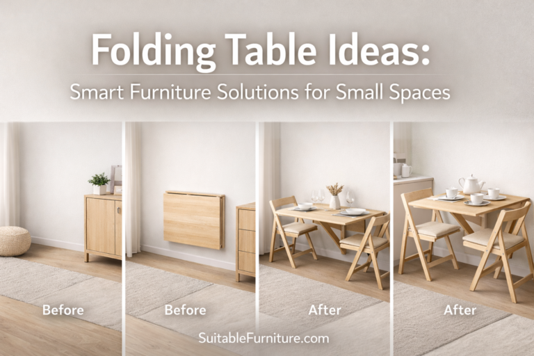 Horizontal image of a modern folding table transforming a small apartment into a space-saving dining area