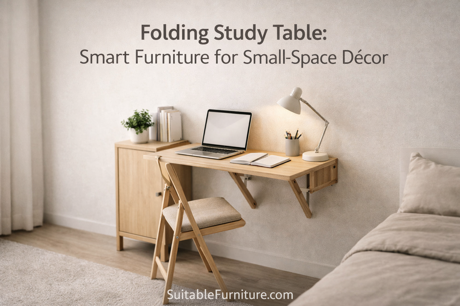 Modern folding study table in a small apartment workspace with a laptop and minimalist décor.