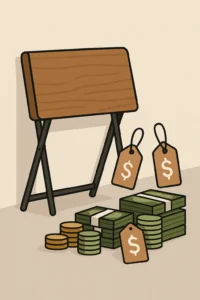 Illustration of a folding table with price tags and stacks of money, representing folding table pricing, budget options, and cost comparison.