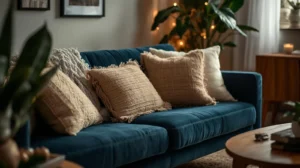Cozy blue sofa living room ideas with warm textures and lighting