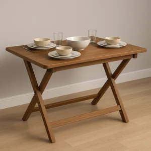 Illustration of a wooden folding dining table set with plates and wine glasses, showing a compact table setup for small spaces.
