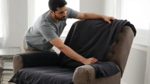 Step-by-step installation of a snug-fit furniture cover on a reclining sofafit furniture cover on a reclining sofa