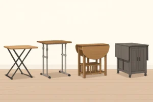 Illustration comparing four types of folding tables: X-frame table, adjustable-height table, drop-leaf table, and a fold-out kitchen cart with storage.