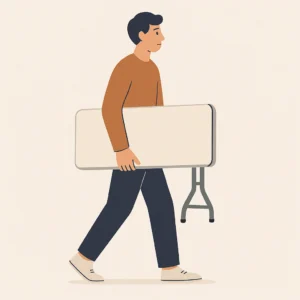 Illustration of a man carrying a lightweight folding table, showing easy portability and compact small-space furniture design.