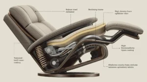 cutaway diagram of a recliner sofa showing metal reclining mechanism, foam layers and performance fabric upholstery