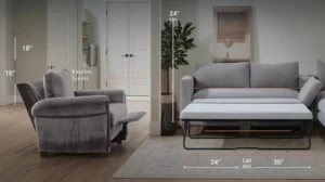 diagram showing required wall clearance for a recliner sofa and front clearance for a sofa bed pull-out mechanism