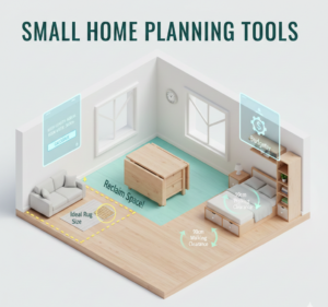 Interactive small home planning tools featuring floor plan layouts, furniture dimension calculators, and space-saving design solutions.