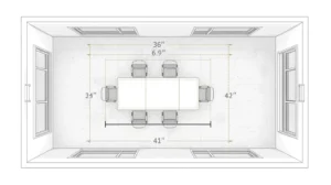 Top-view room layout showing folding table clearance and 42-inch traffic flow space.