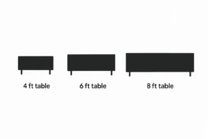 Comparison chart of folding table sizes including 4-foot, 6-foot, and 8-foot models.