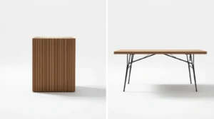 Folding table shown in folded and unfolded positions to compare depth and footprint.