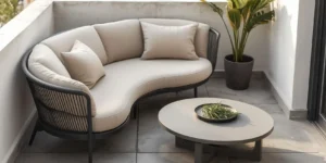 Modern curved patio sofa setup on a small balcony with weather-resistant cushions and minimalist outdoor décor.