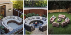Curved patio sofa styling ideas for small balconies, medium patios, and outdoor conversation areas.