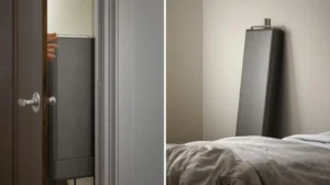 Folding table stored behind a door in a small apartment to save space.