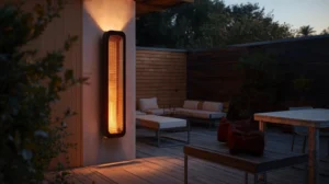 Outdoor electric heater warming a modern patio seating area