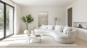 White curved sofa in a modern small living room maximizing space and light