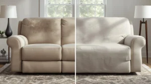 Before and after comparison of furniture covers for reclining sofas