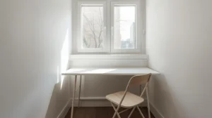 Compact folding table setup in a small apartment used as a dining and workspace solution.