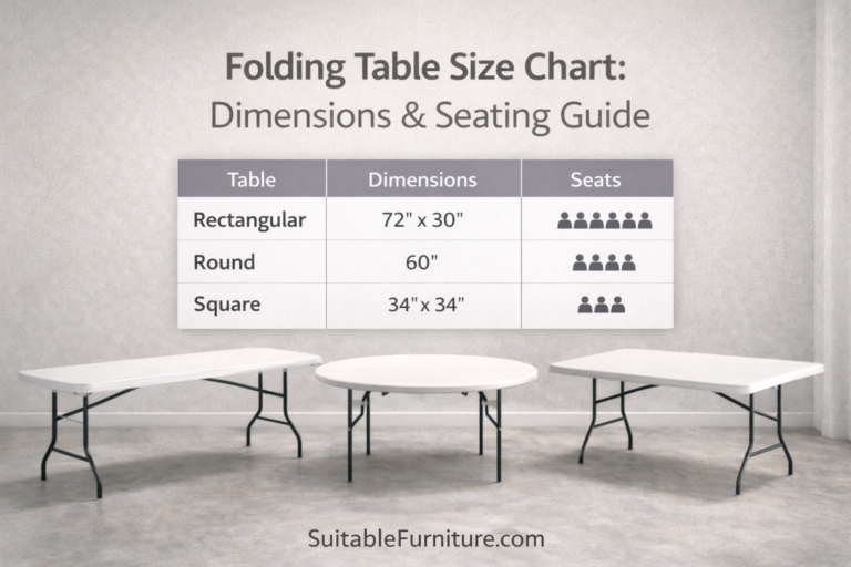 Folding table size chart showing rectangular, round, and square tables with dimensions and seating capacity.