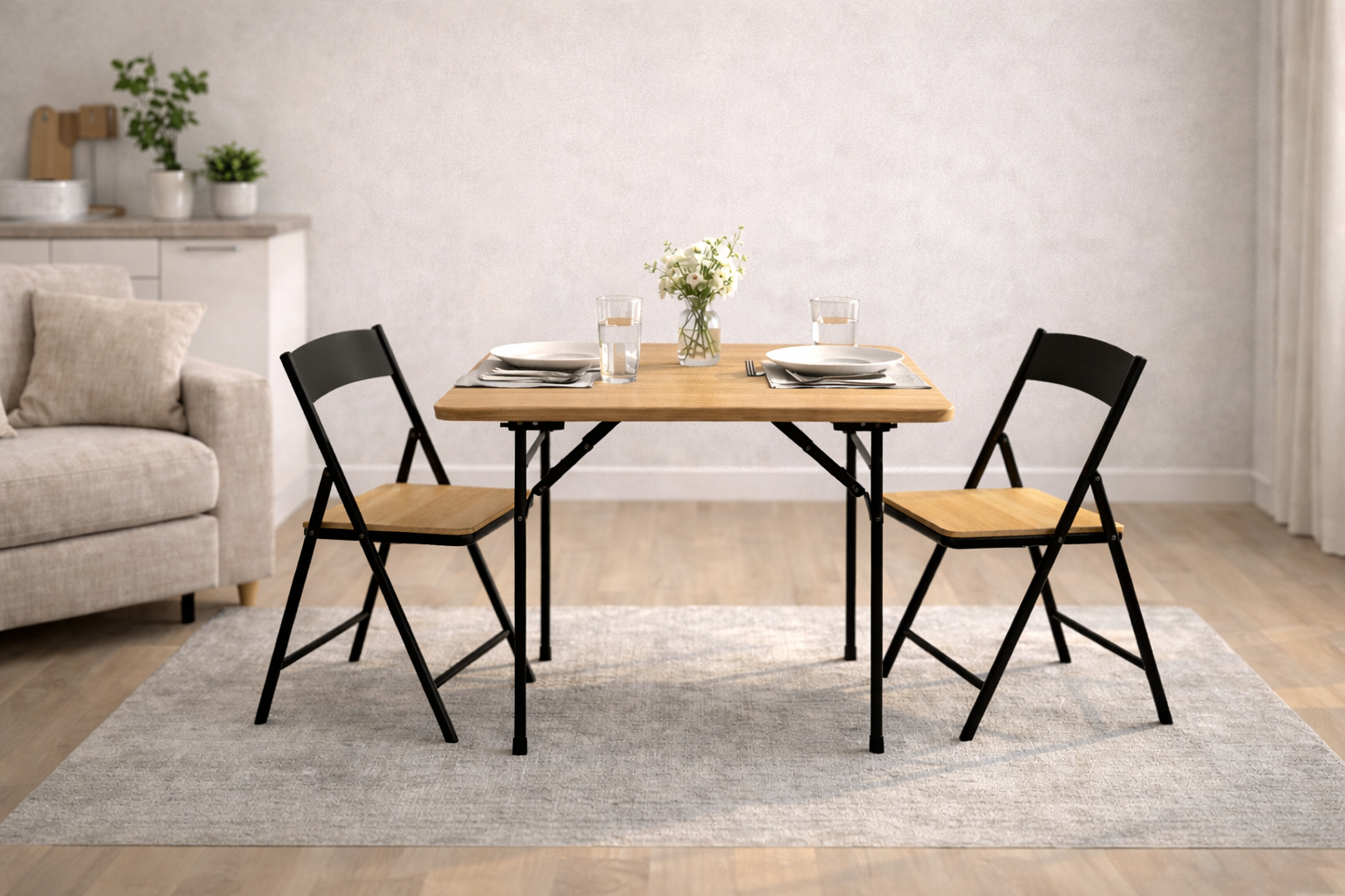 Folding dining table set for two in a minimalist small-space living room.