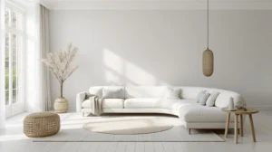 Scandinavian living room with a white curved sofa and minimalist decor