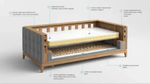 cross-section diagram of a beige sofa showing hardwood frame foam cushions and spring system