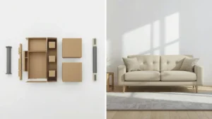 before and after assembly of a beige sofa from boxed components to finished living room setup