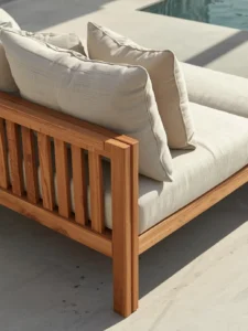 Outdoor teak sofa on a modern patio with weather-resistant cushions, showcasing durable teak wood design and sustainable outdoor furniture style.