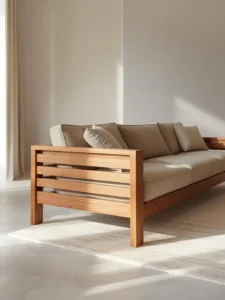 Modern teak sofa in a minimalist indoor living room with neutral décor, highlighting teak wood grain, comfort, and contemporary interior design.