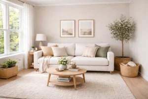 Neutral sofa living room ideas for small spaces with light colors and natural lighting