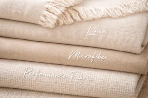 Neutral sofa materials comparison including linen microfiber and performance fabric