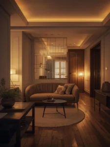 Curved sofa defining a seating area in a studio apartment