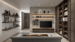 narrow living room layout ideas using vertical storage and wall-mounted furniture
