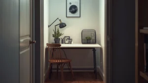 Folding work table used as desk and dining table in a small apartment