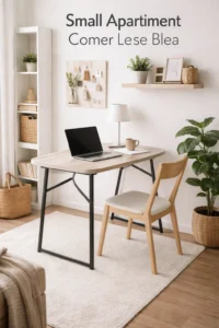 Compact folding table used in a small apartment workspace.
