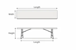 Rectangular folding table diagram showing length, width, and height measurements.