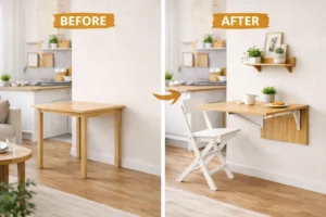 Before and after small dining area with traditional table and wall-mounted dining table