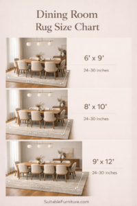 dining room rug size chart showing correct rug size under dining table
