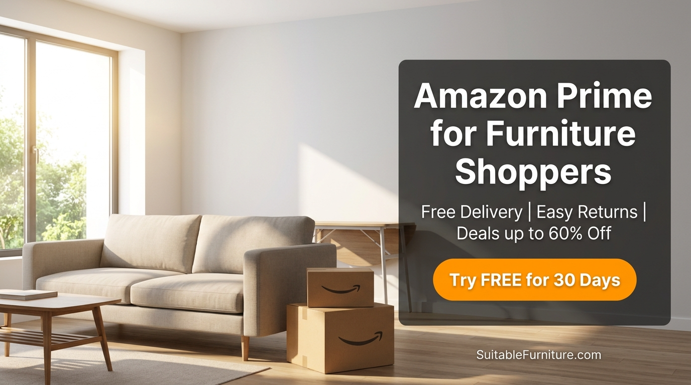 Amazon Prime for furniture shoppers - modern living room with delivery boxes and free shipping deals