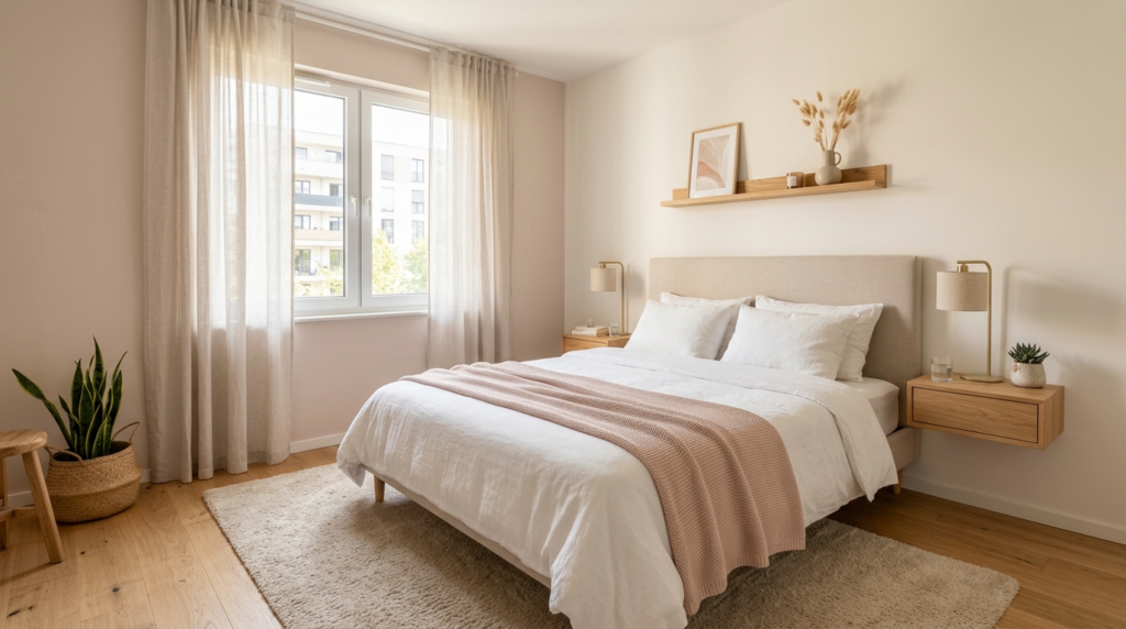 small space bedroom with queen bed and floating nightstands - home decor ideas for small spaces