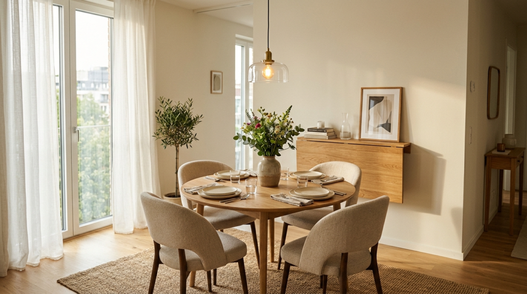 small space dining room with round wooden table │ and modern chairs - home decor ideas for small spaces