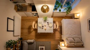 folding table stored flat against wall in small studio apartment saving floor space