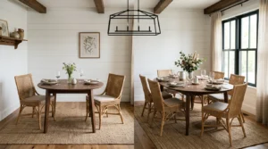 extendable dining table collapsed and expanded in a small dining room seating two to six